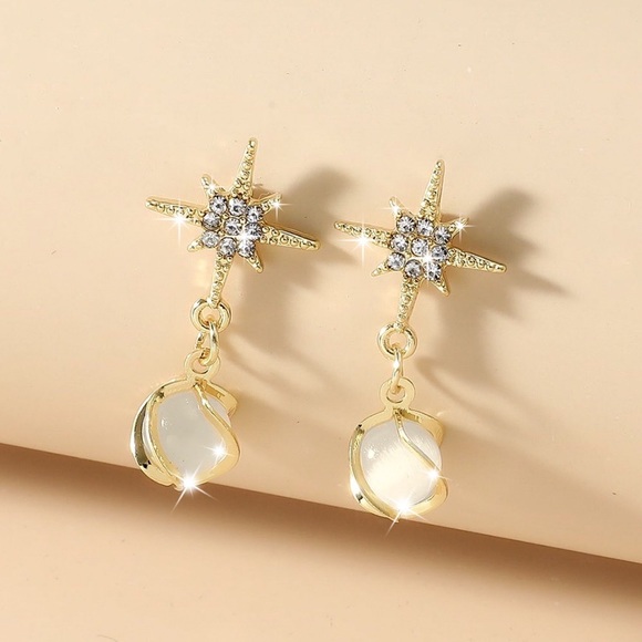 Any 2/$20! Gold w/Crystal Star & Moonstone Drop Earrings - Picture 2 of 7